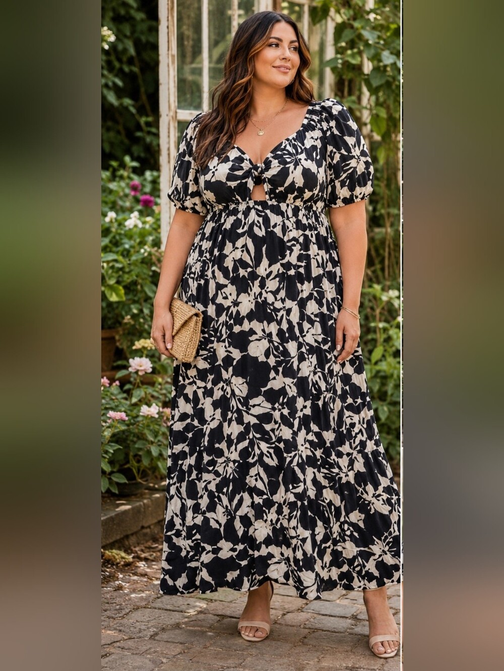 Eloquii 24W Black White Floral Tie Front Maxi Dress Puff Sleeve EUC